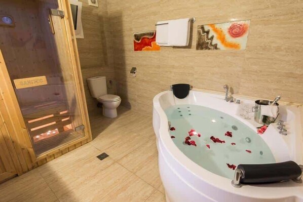 Shower, hair dryer, towels, shampoo
