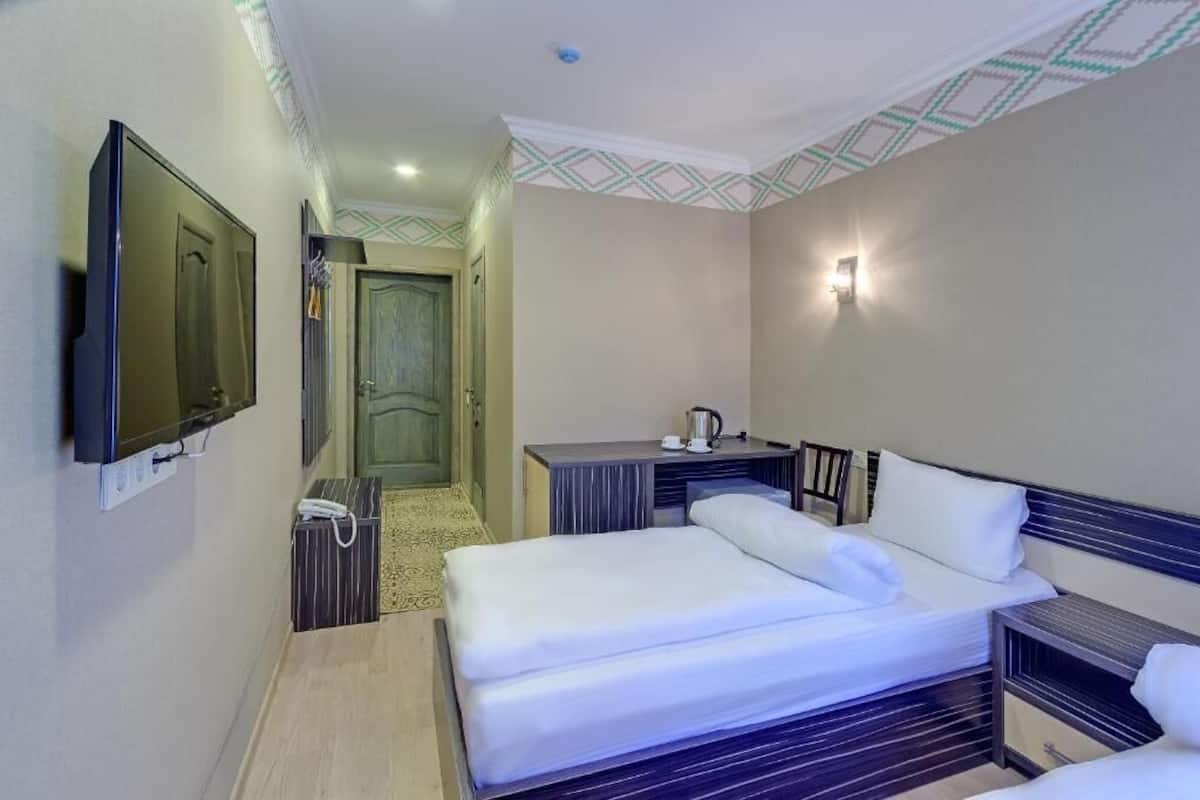 Una habitación de hotel con cama, mesitas de noche, televisor, escritorio y puerta.