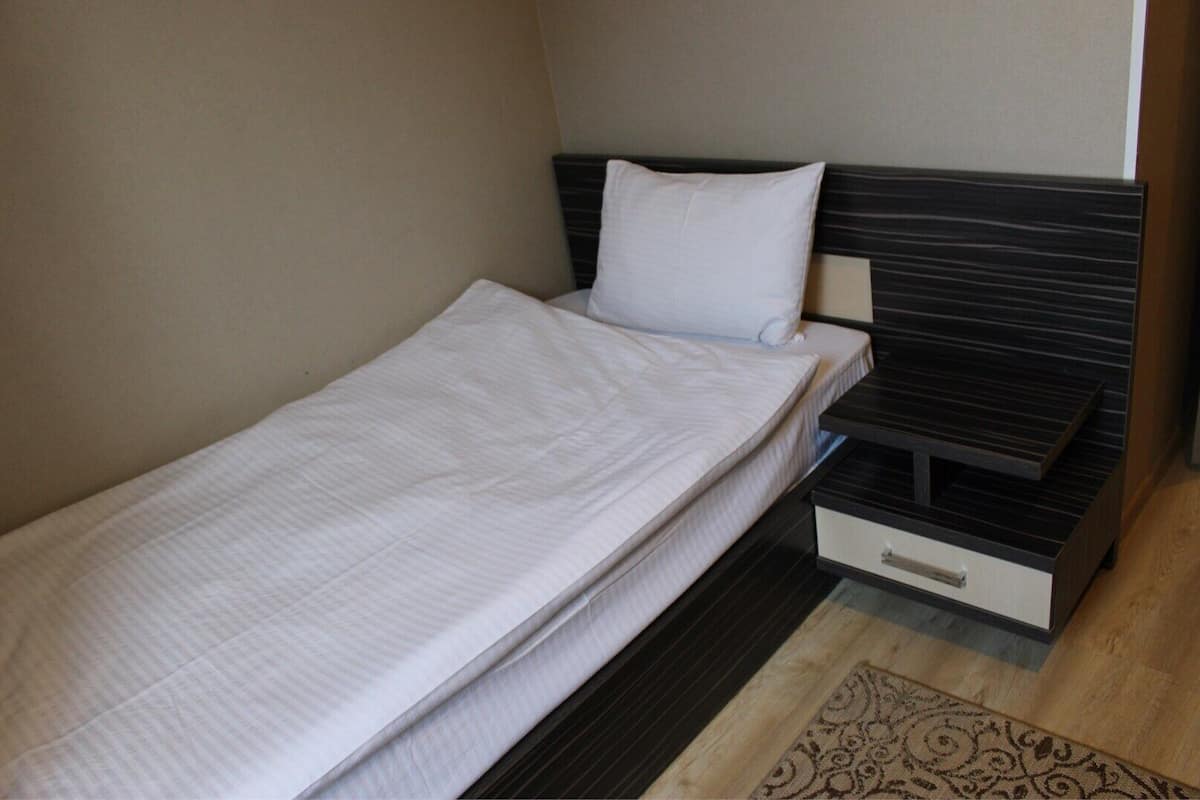 Una cama individual con colchón y almohada blancos, cabecera oscura, mesita de noche con lámpara y alfombra estampada en el suelo.