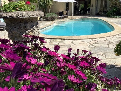 Sunny studio Cottage in private mature garden with pool, secure parking,