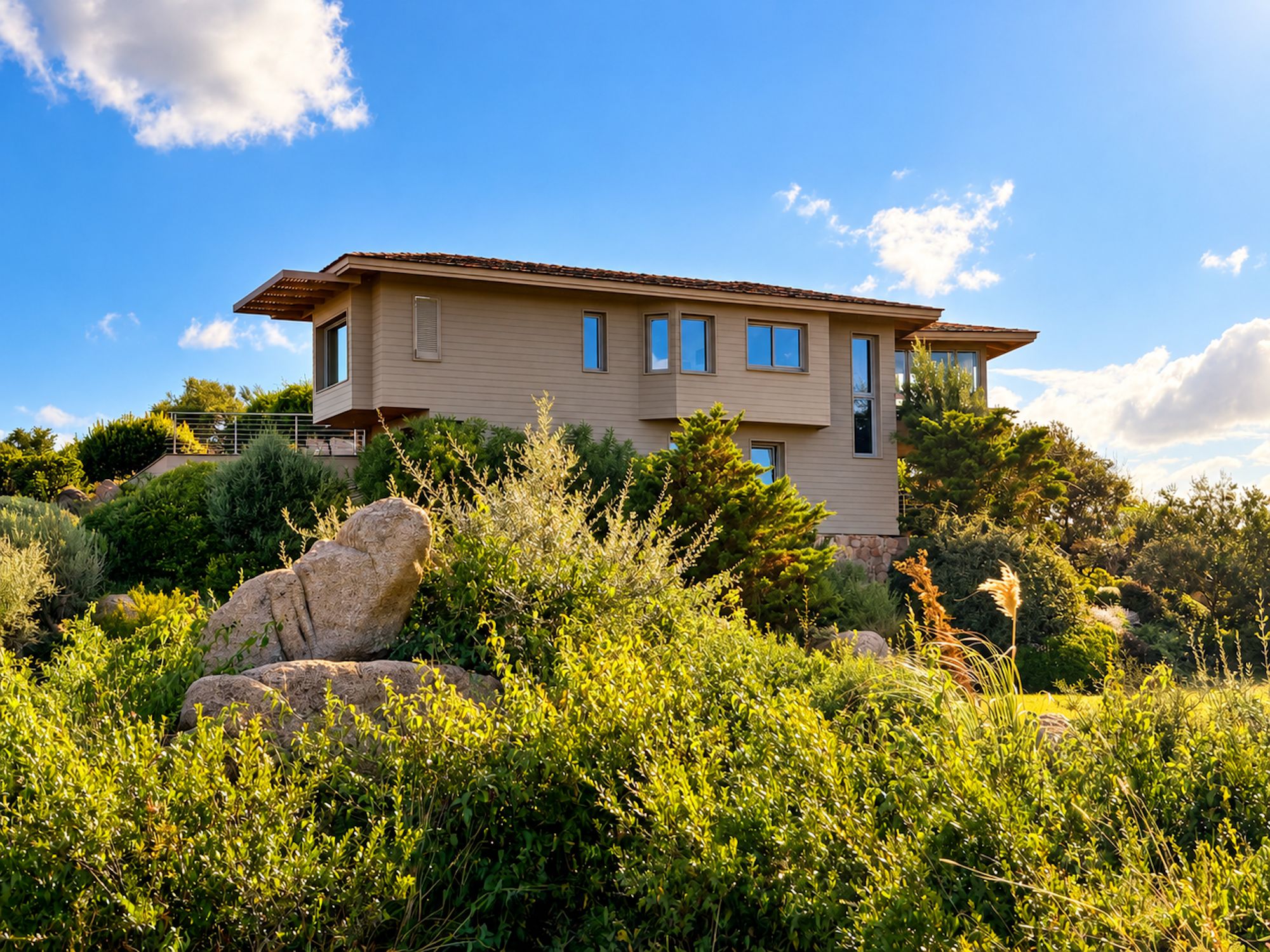 A modern two-story house with a flat roof, surrounded by lush greenery and large rocks.