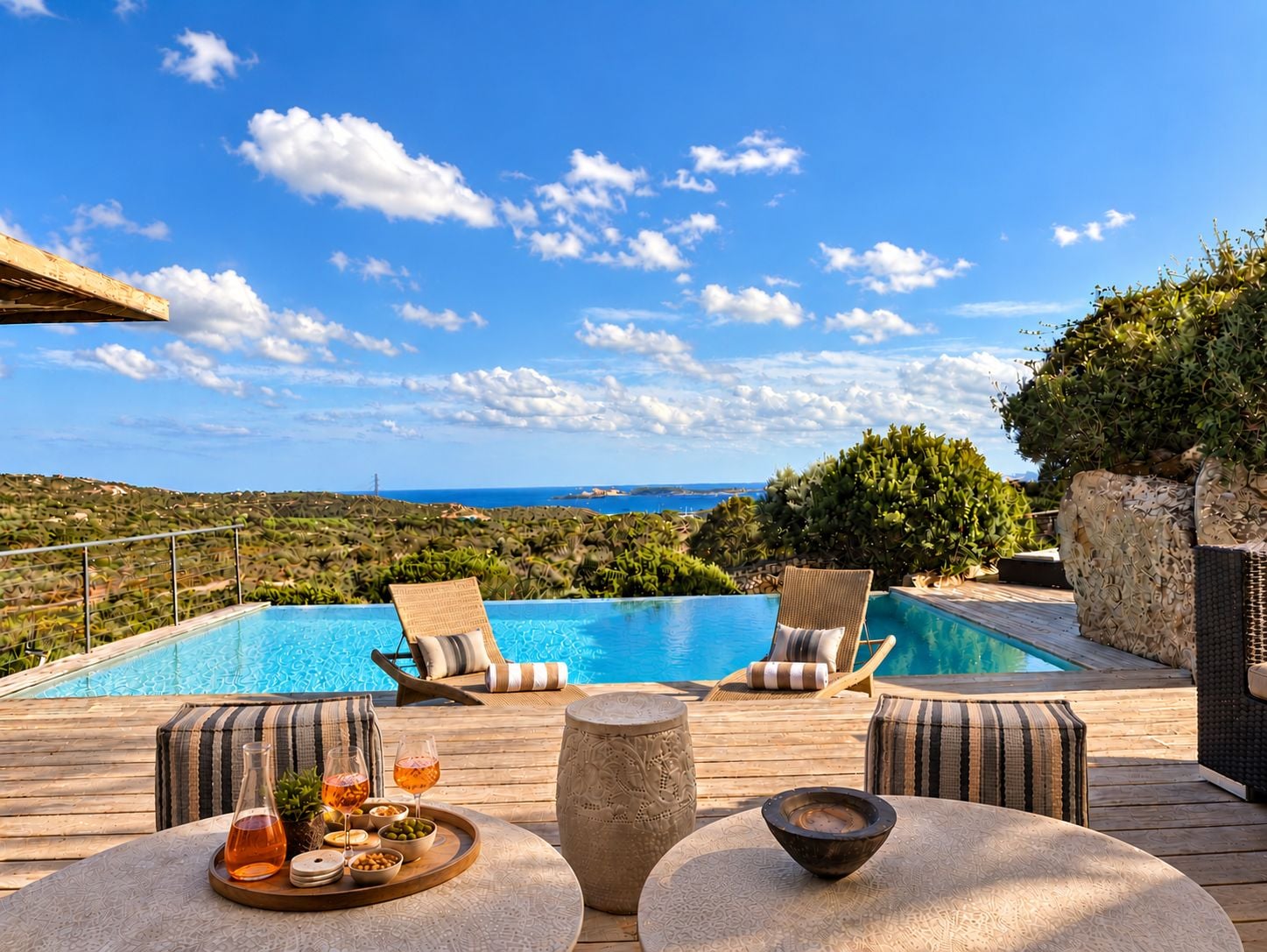 Un espace aménagé au bord de la piscine, avec des chaises longues, une table où sont servis des boissons et une vue sur la mer.