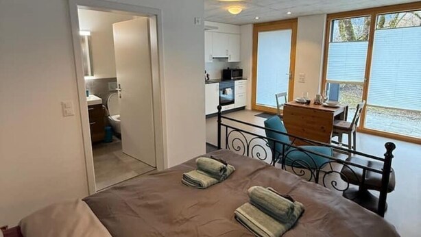 Een slaapkamer met een bed, een bureau, een stoel, een badkamer en een keuken.