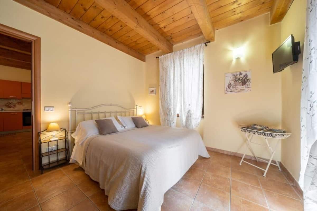 A bedroom with a bed, a bedside table, a TV, and a window with curtains.