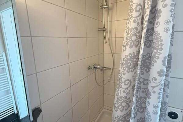 Shower, hair dryer, soap