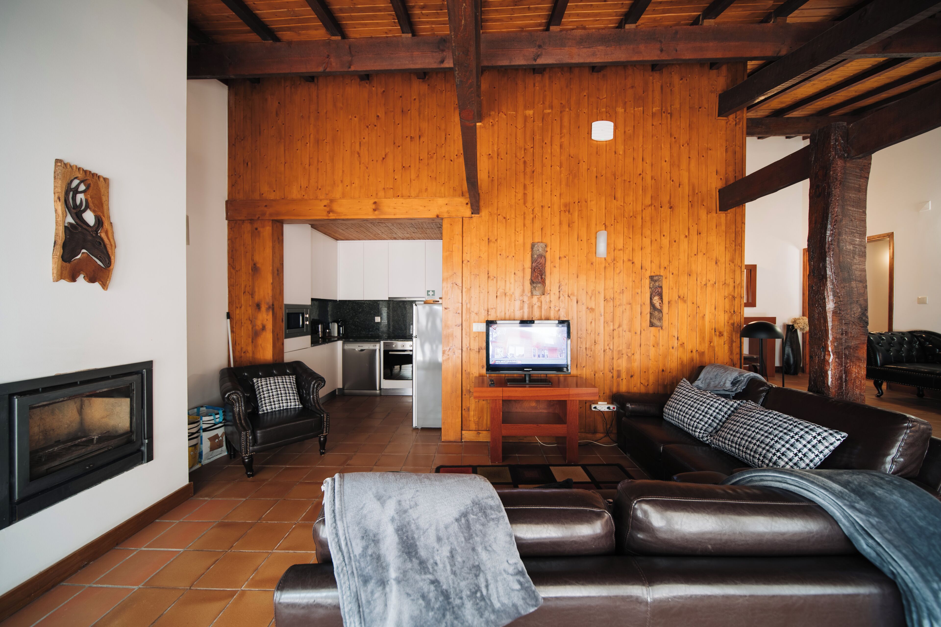 Una sala de estar con chimenea, televisor y sofá.