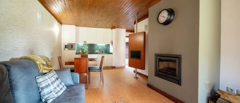 A modern living room with a sofa, a fireplace, a television, and a kitchen area with a microwave and refrigerator.