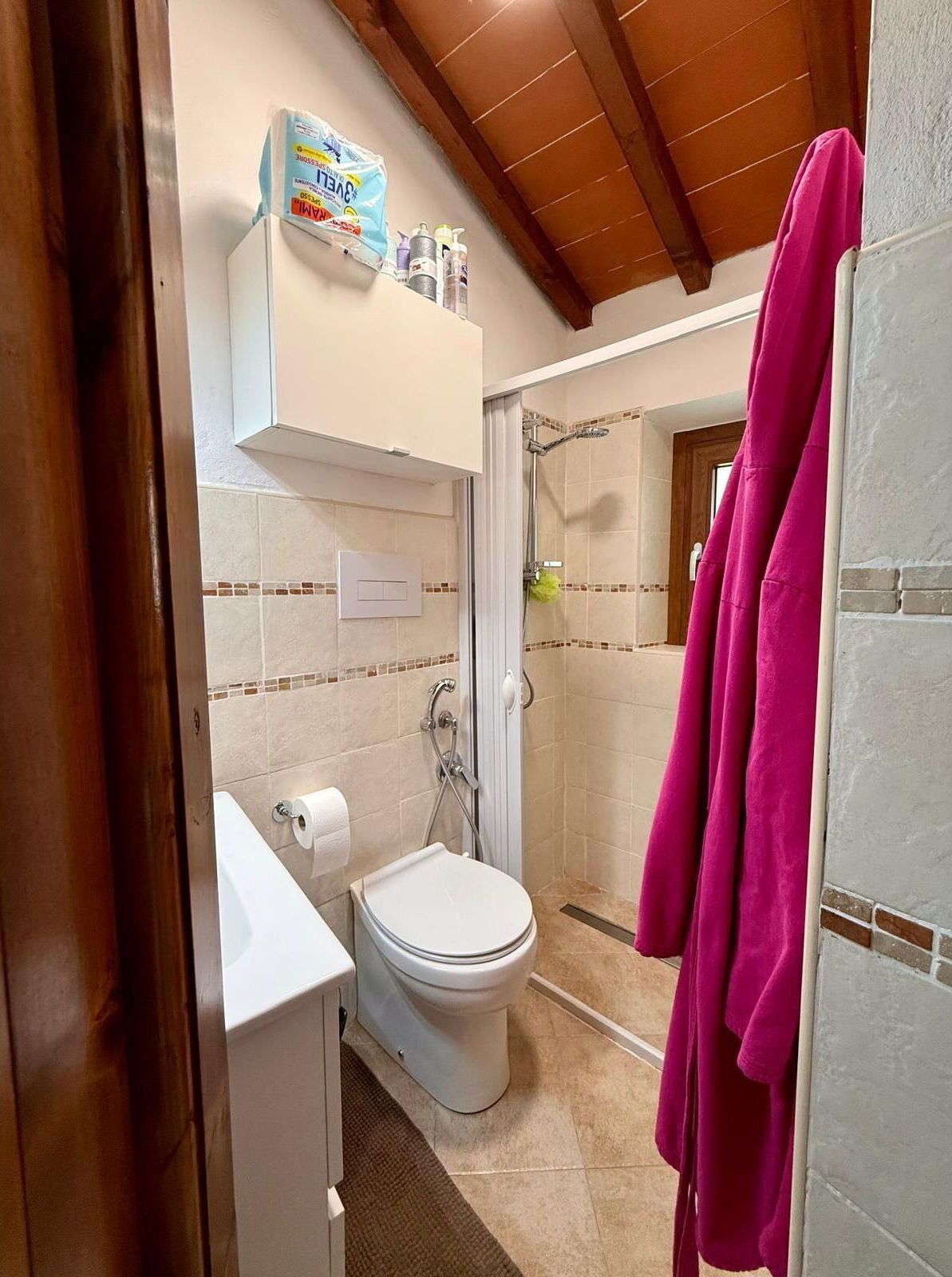 A bathroom with a shower, toilet, and a shelf with toiletries.