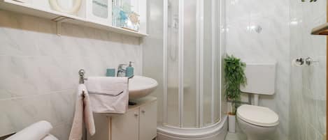 Douche, séchoir à cheveux, serviettes fournies, savon