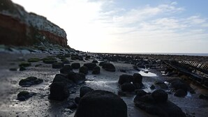 En stenet strand med store sten og en træbro.