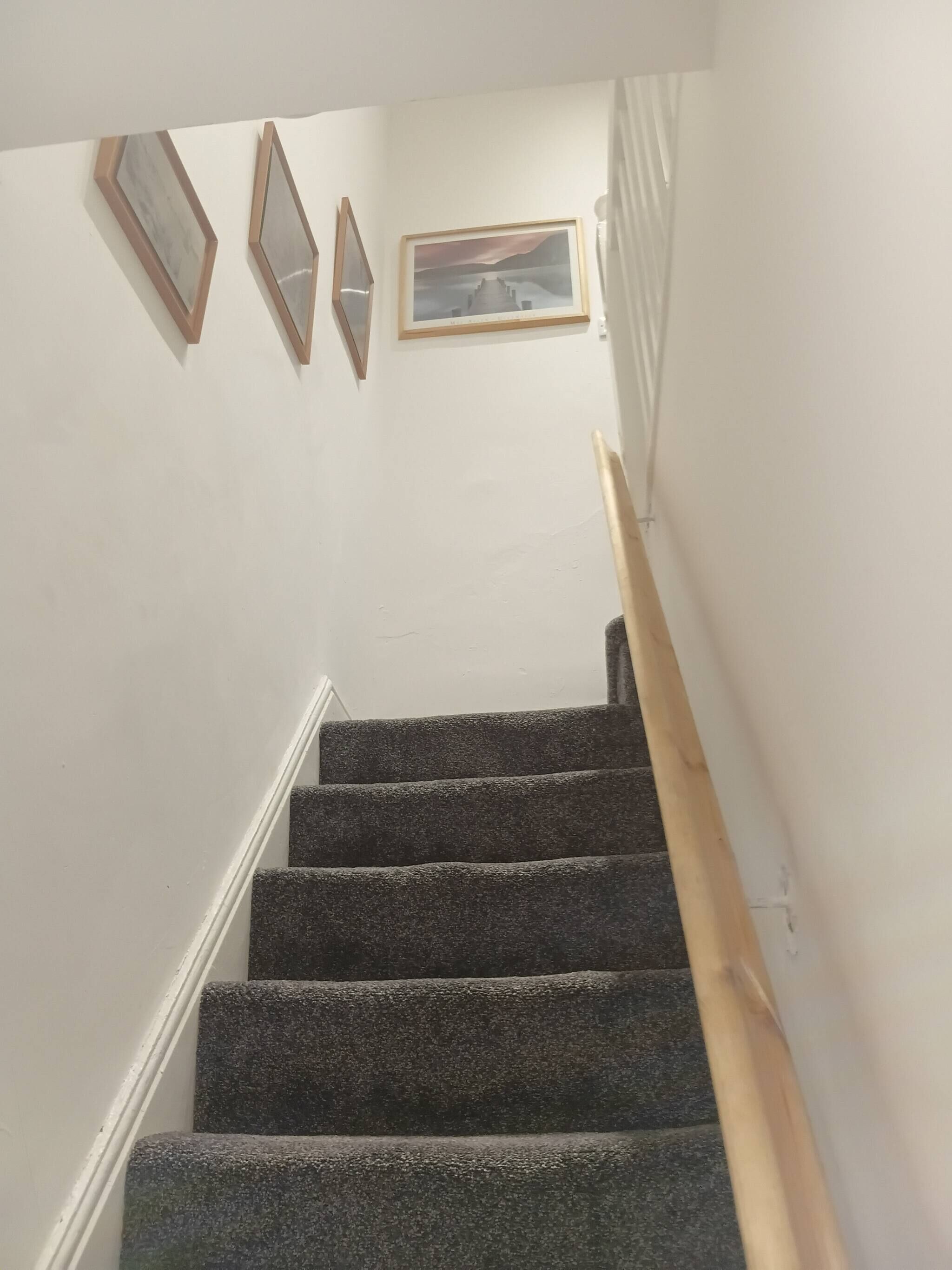 Una escalera con barandilla, escalones alfombrados y cuadros en la pared.