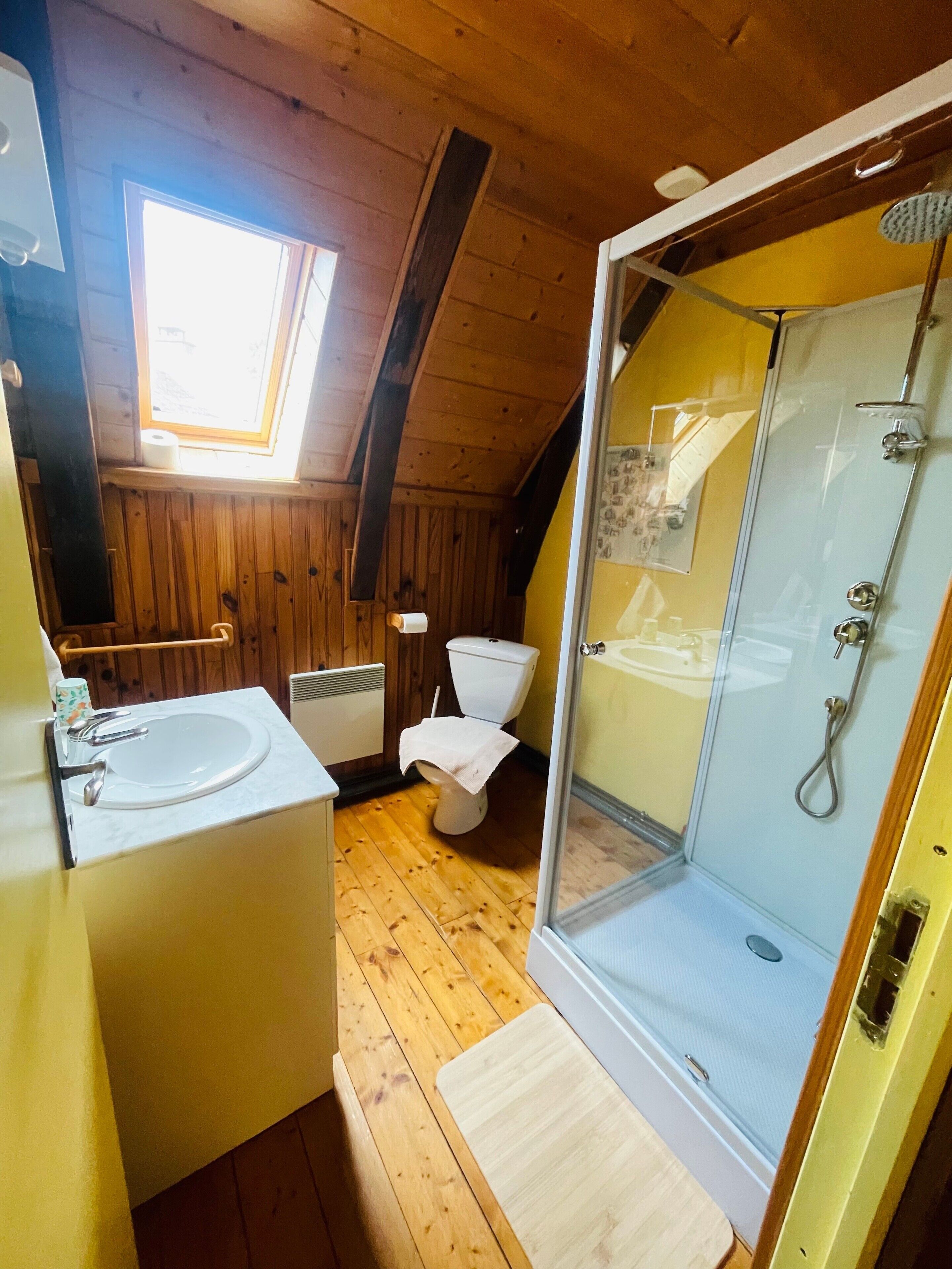 Interior de madera con tragaluz, inodoro, lavabo y ducha con paredes de vidrio.