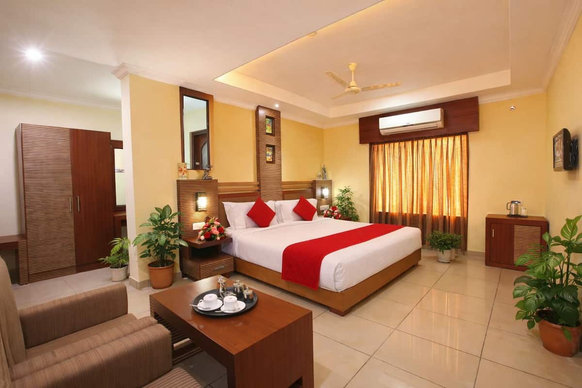A hotel room with a bed, a desk with a tray of cups, a wardrobe, a mirror, and potted plants.