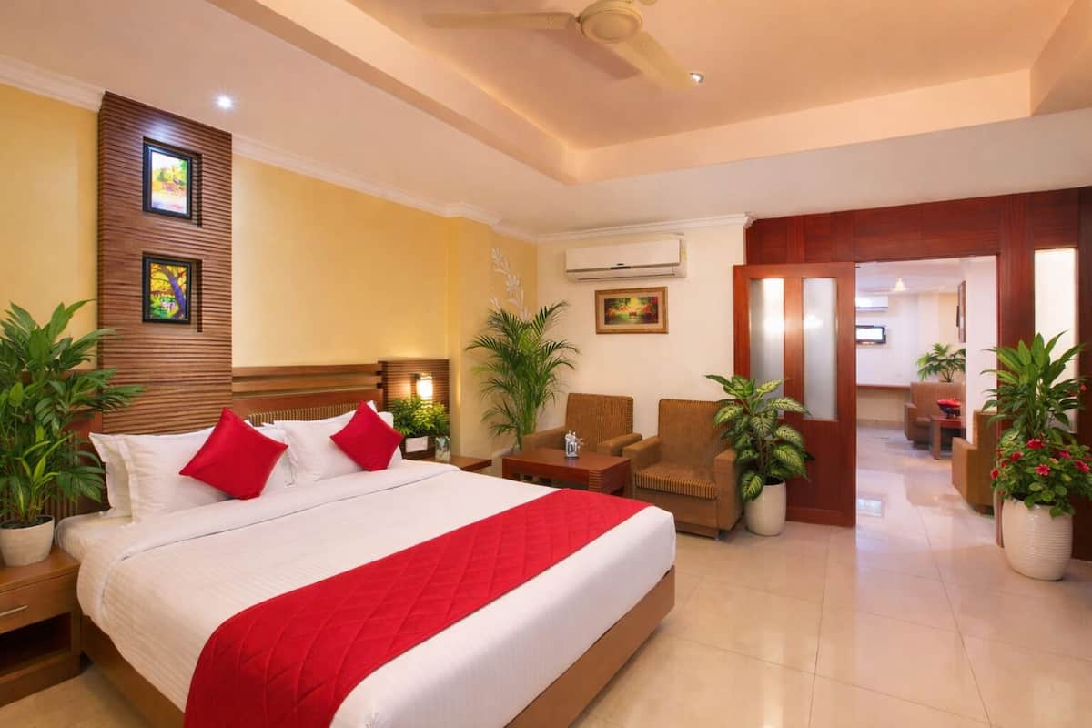 A hotel room with a large bed, a sitting area with chairs, a ceiling fan, and potted plants.