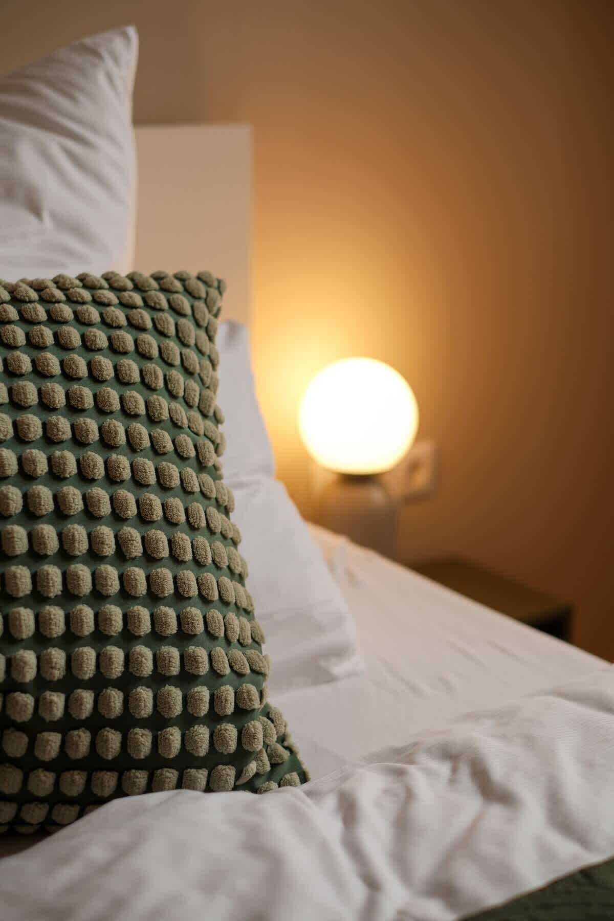 Ein ordentlich bezogenes Bett mit weißen Leinentüchern und einem grün gemusterten Kissen.