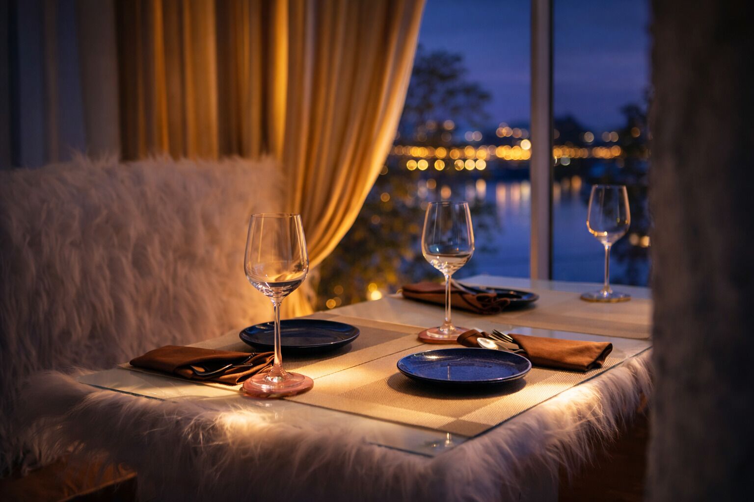 A table set for two with wine glasses and plates, a fluffy chair, and a view of a cityscape at dusk.