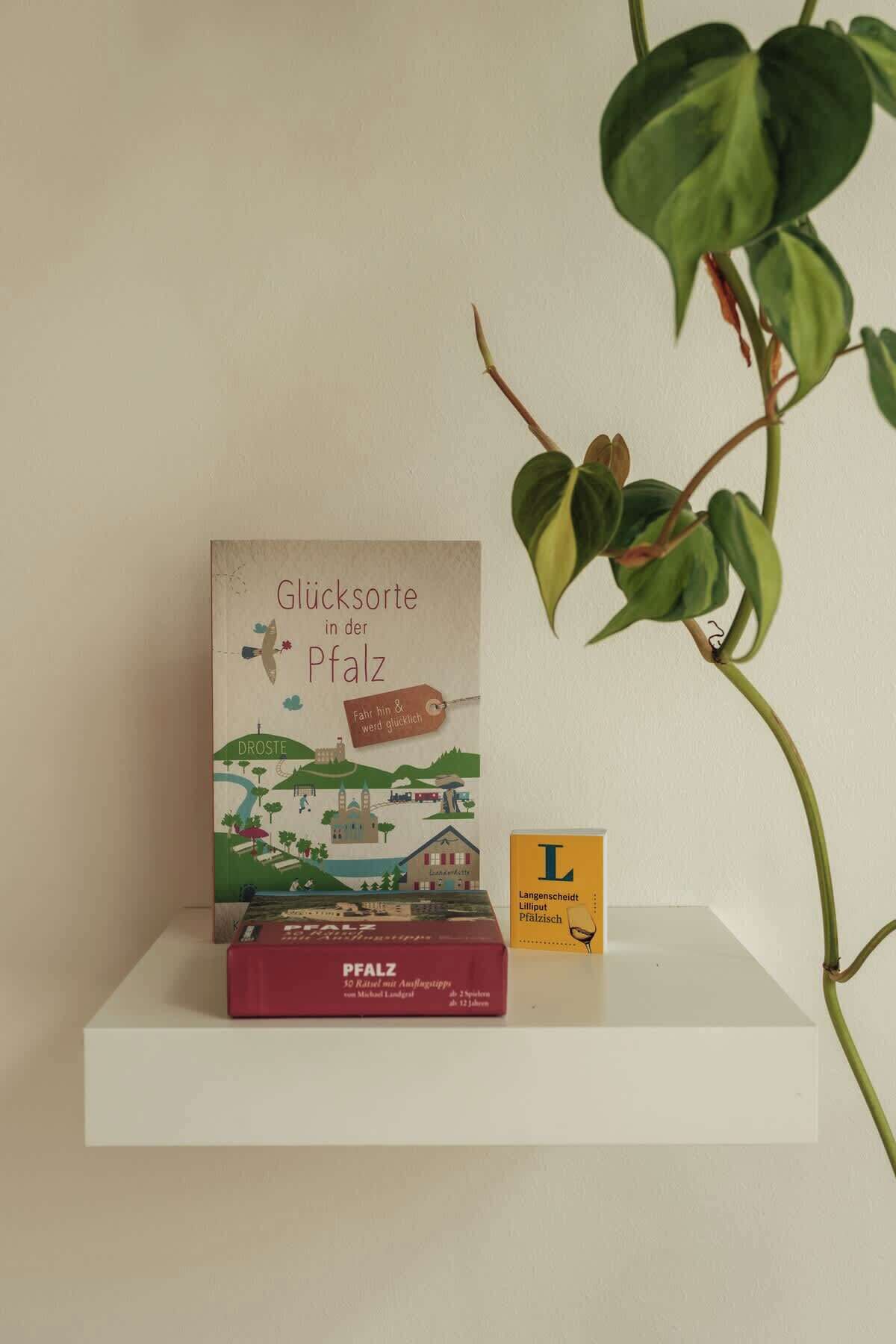 A book titled 'Glücksorte in der Pfalz' on a white shelf with a small yellow box beside it.