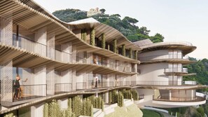 Un immeuble moderne à plusieurs étages, doté de balcons, de terrasses et d’une conception aux lignes courbes.