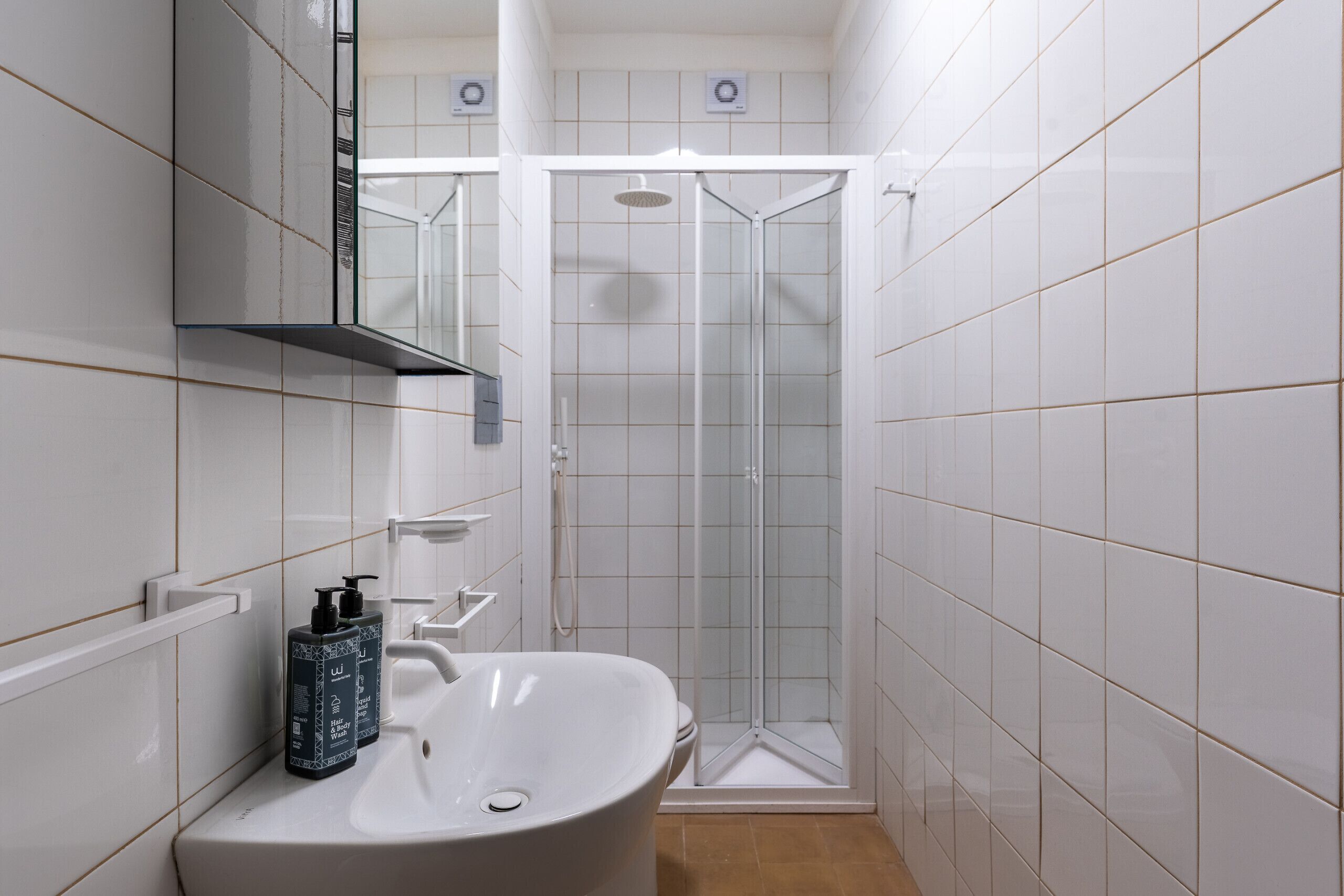 Dusche, Haartrockner, Handtücher, Seife