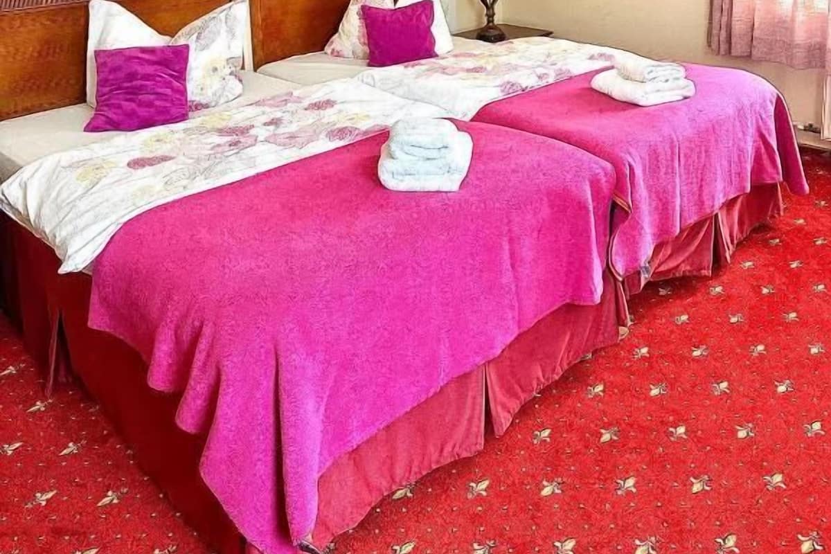 A hotel room with two beds, a framed picture on the wall, a lamp, and a red carpet.