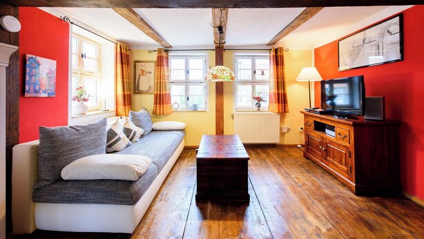 A living room with a sofa, wooden floor, a television, and a radiator. - "Sunshine" in harmony and color (Quedlinburg)