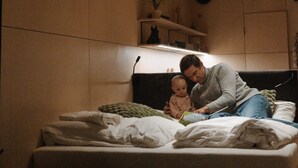 Een kamer met een bed, een kamerplant en een kat op een plank.