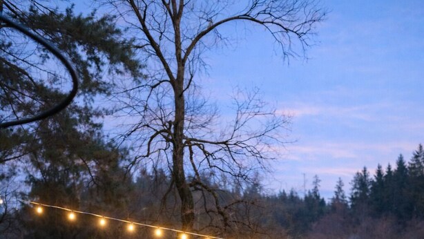 Een klein huisje met een vuurkuil, buitenmeubels en lichtjes.