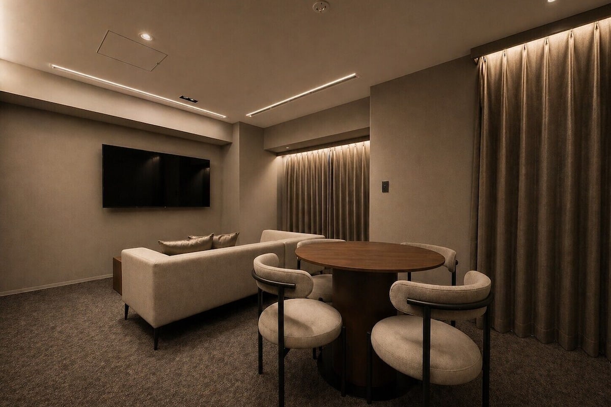 A modern living room with a sofa, a TV, a round table, and chairs.