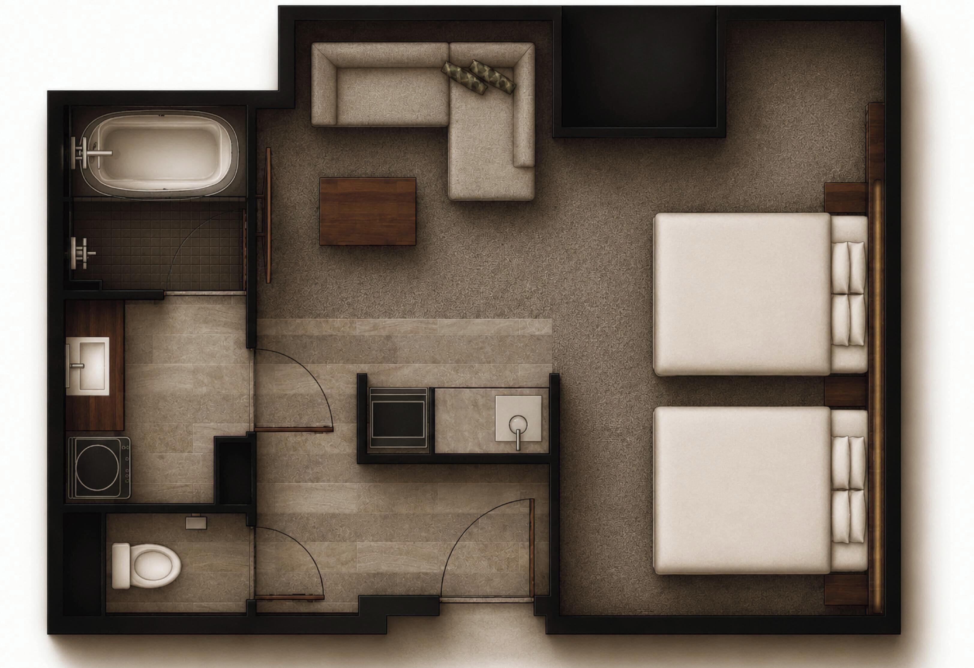 Plànol d'una habitació d'hotel amb banyera, sofà, televisió, llit, escriptori i un bany.