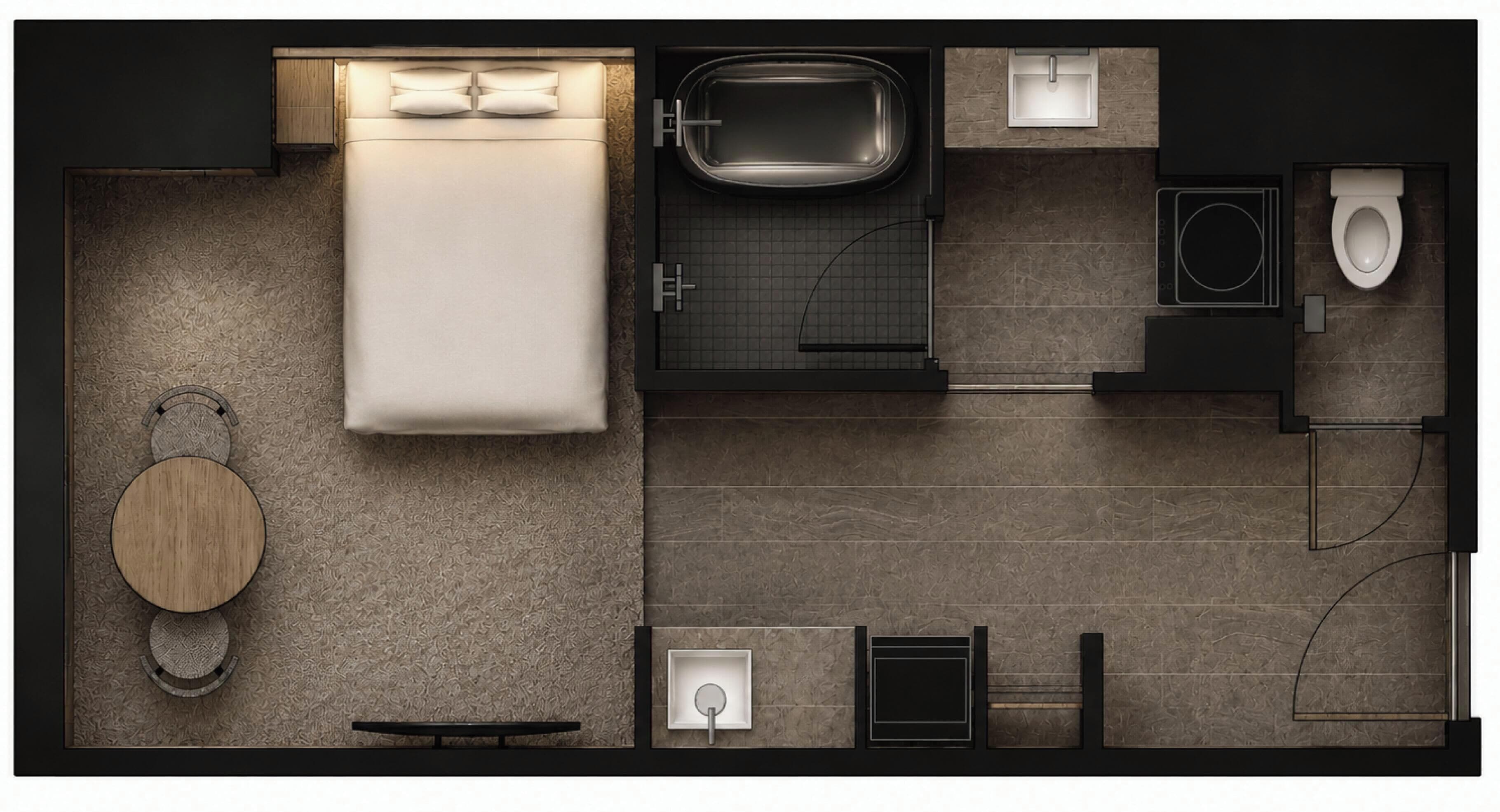 A modern bathroom with a bathtub, toilet, sink, and shower.