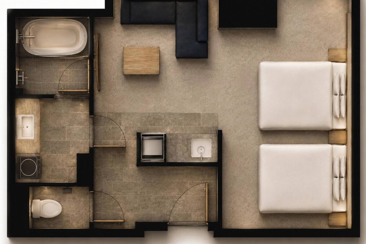 A hotel room layout with a bathtub, two beds, a sofa, a small wooden table, a toilet, and a sink.