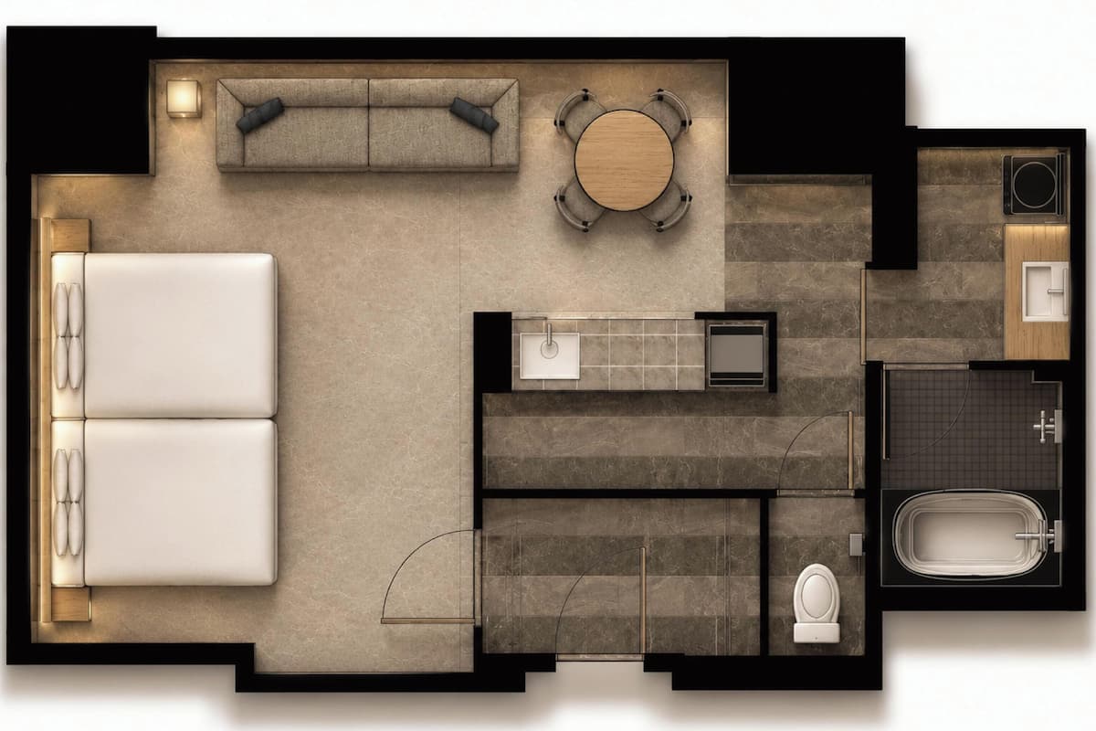 A hotel room layout with a bed, a sofa, a dining table, a bathroom, and a kitchenette.