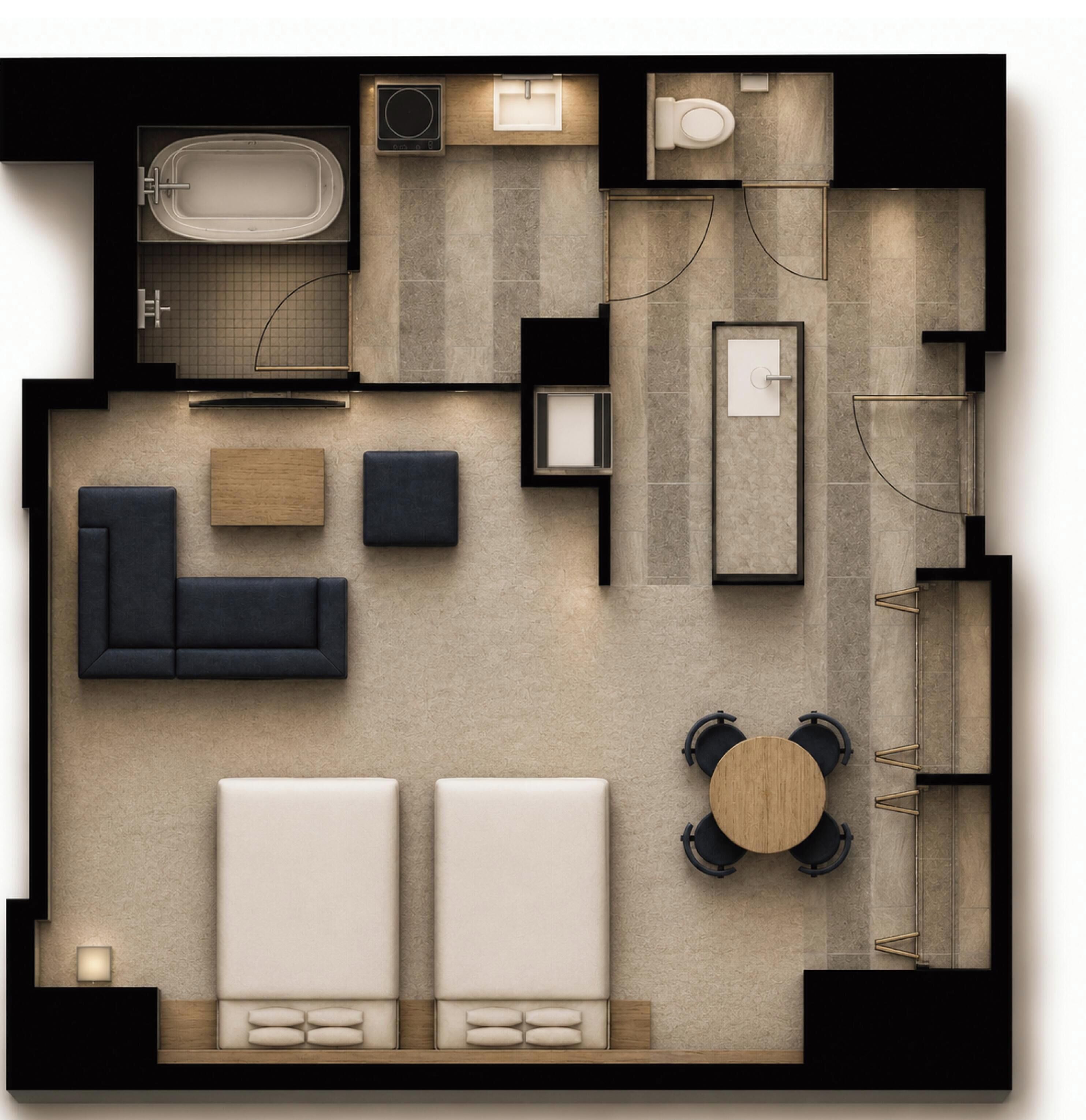 A modern apartment layout with a living room, two bedrooms, a bathroom, and a kitchen.