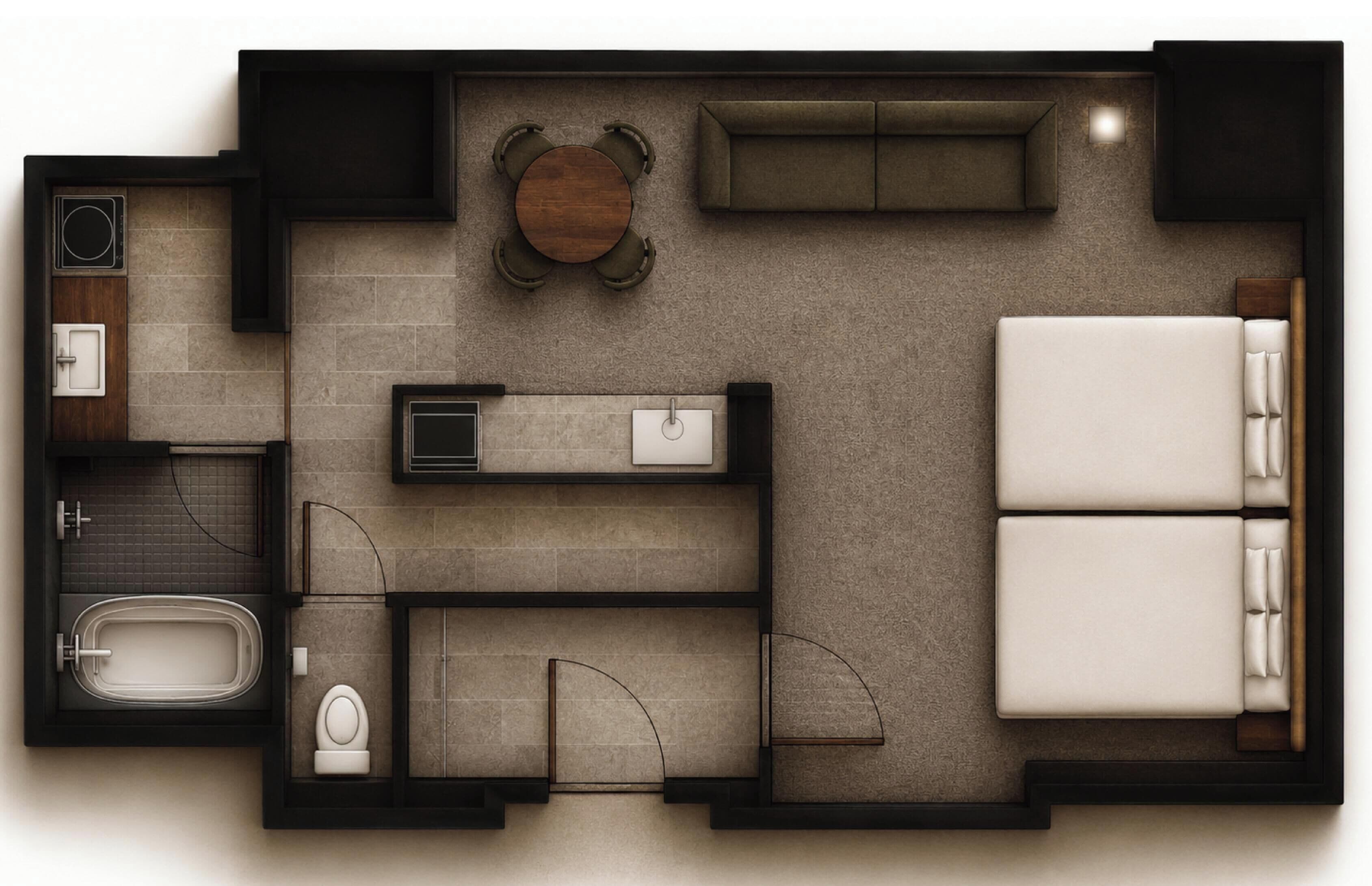 Plano de planta de una habitación de hotel con cama, una pequeña zona de estar, baño y kitchenette.