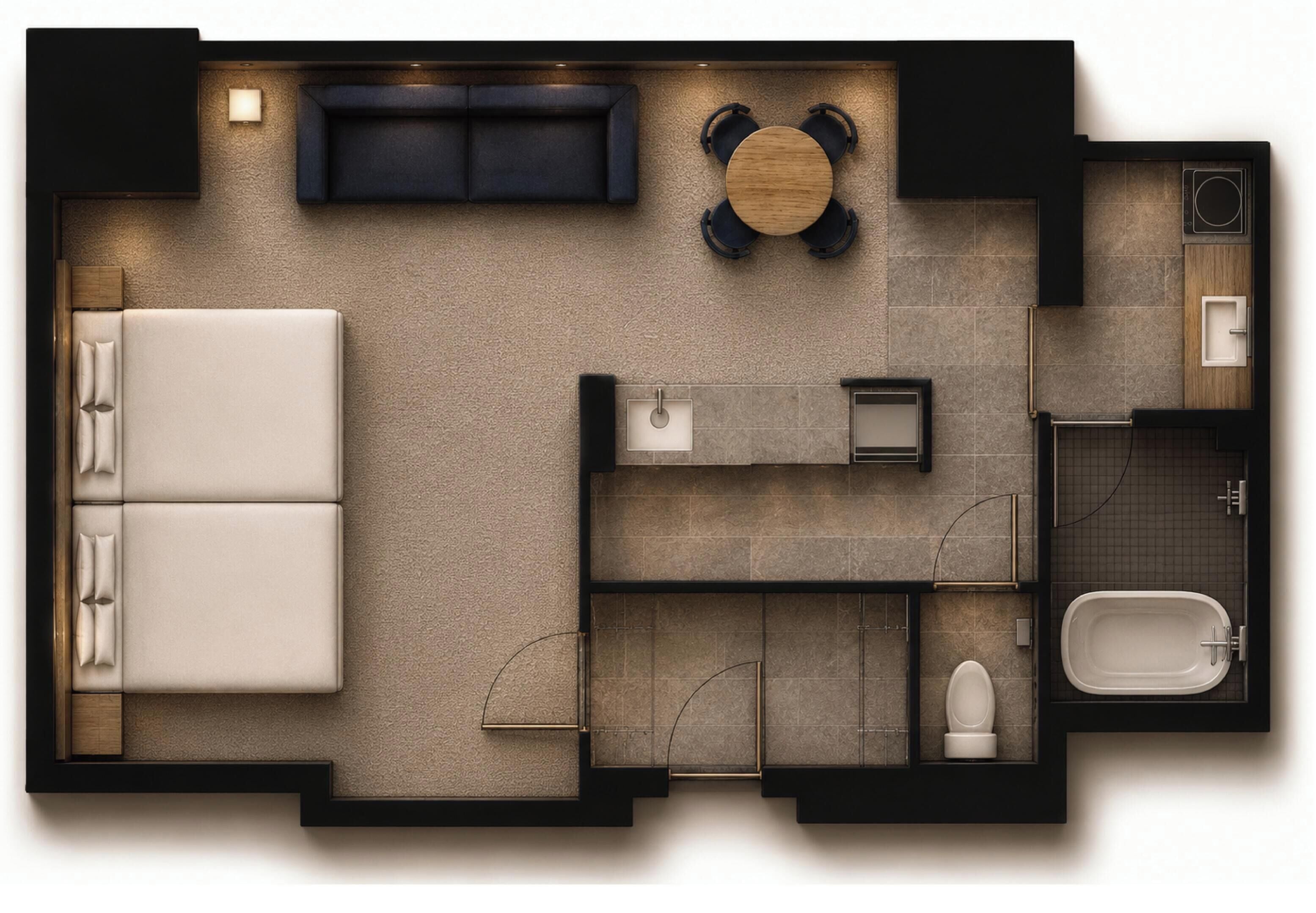 A modern hotel room layout with a sofa, a round table, a separate bathroom, and a small kitchenette.