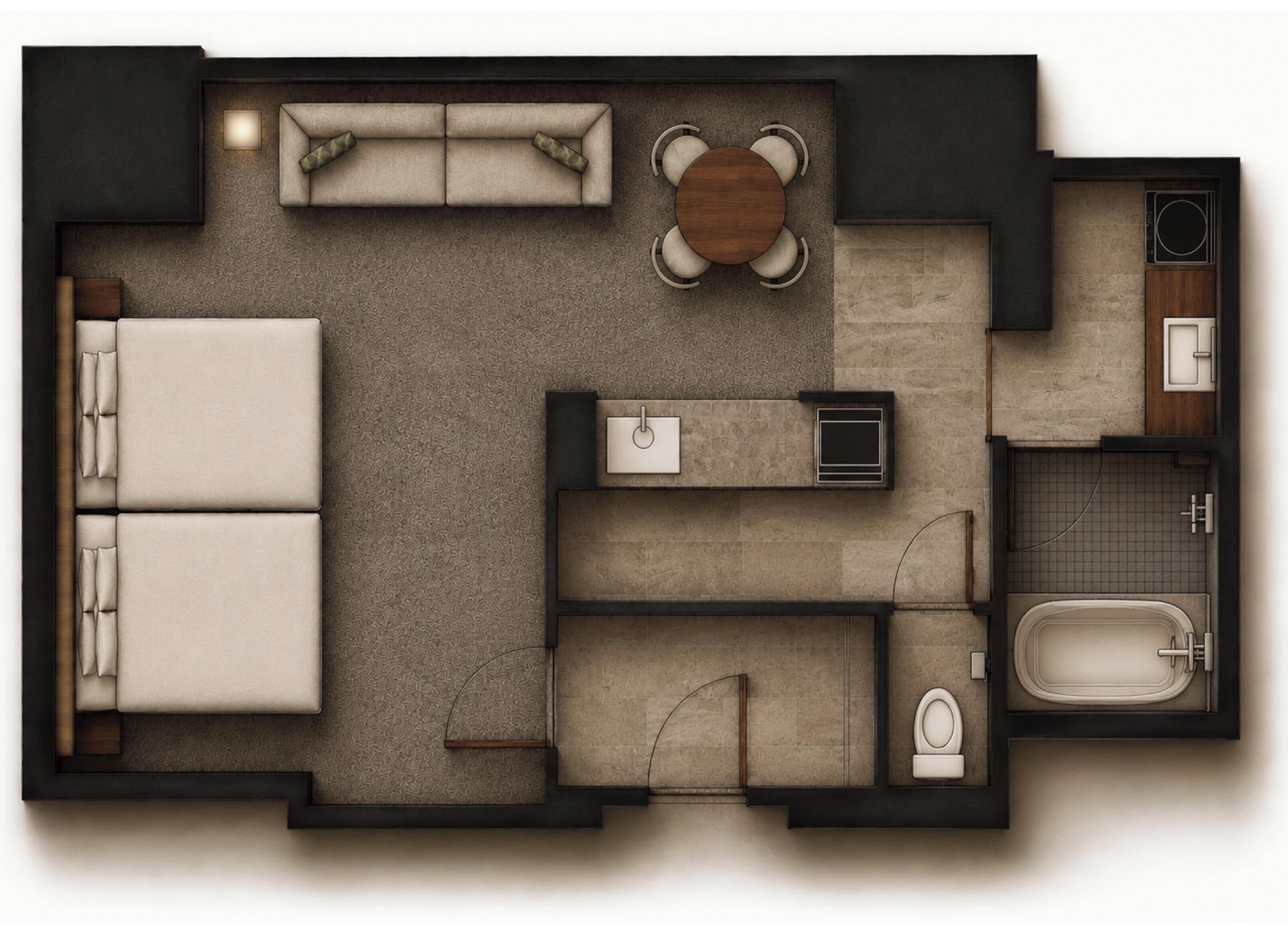 A floor plan of a hotel room with a bed, a sofa, a dining table, a small kitchen area, and a bathroom.