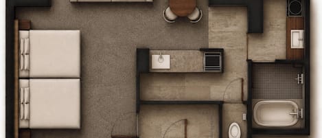 A floor plan of a hotel room with a bed, a sofa, a dining table, a small kitchen area, and a bathroom.
