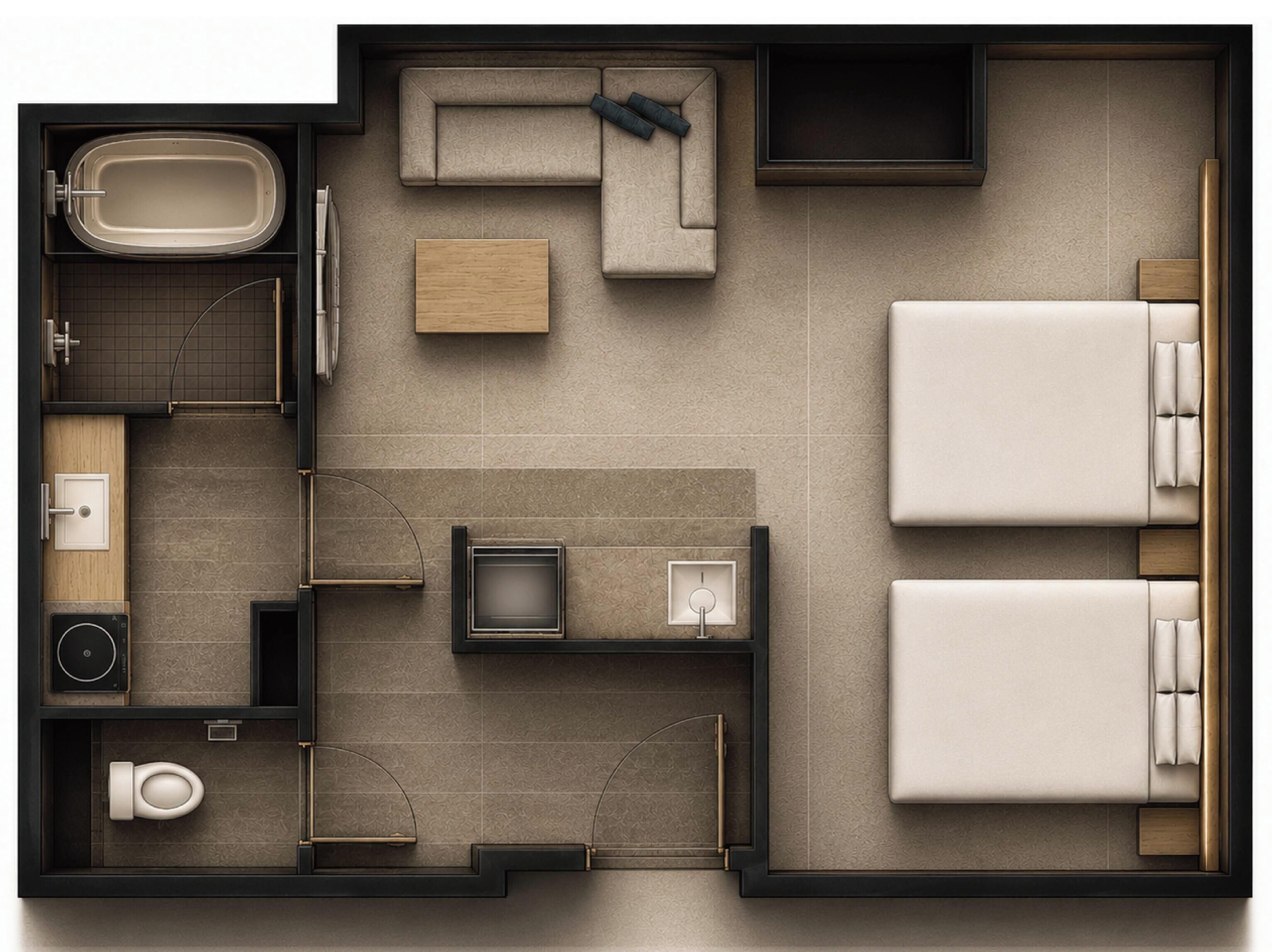 A modern hotel room with a bathroom, a sofa, a bed, and a small table.