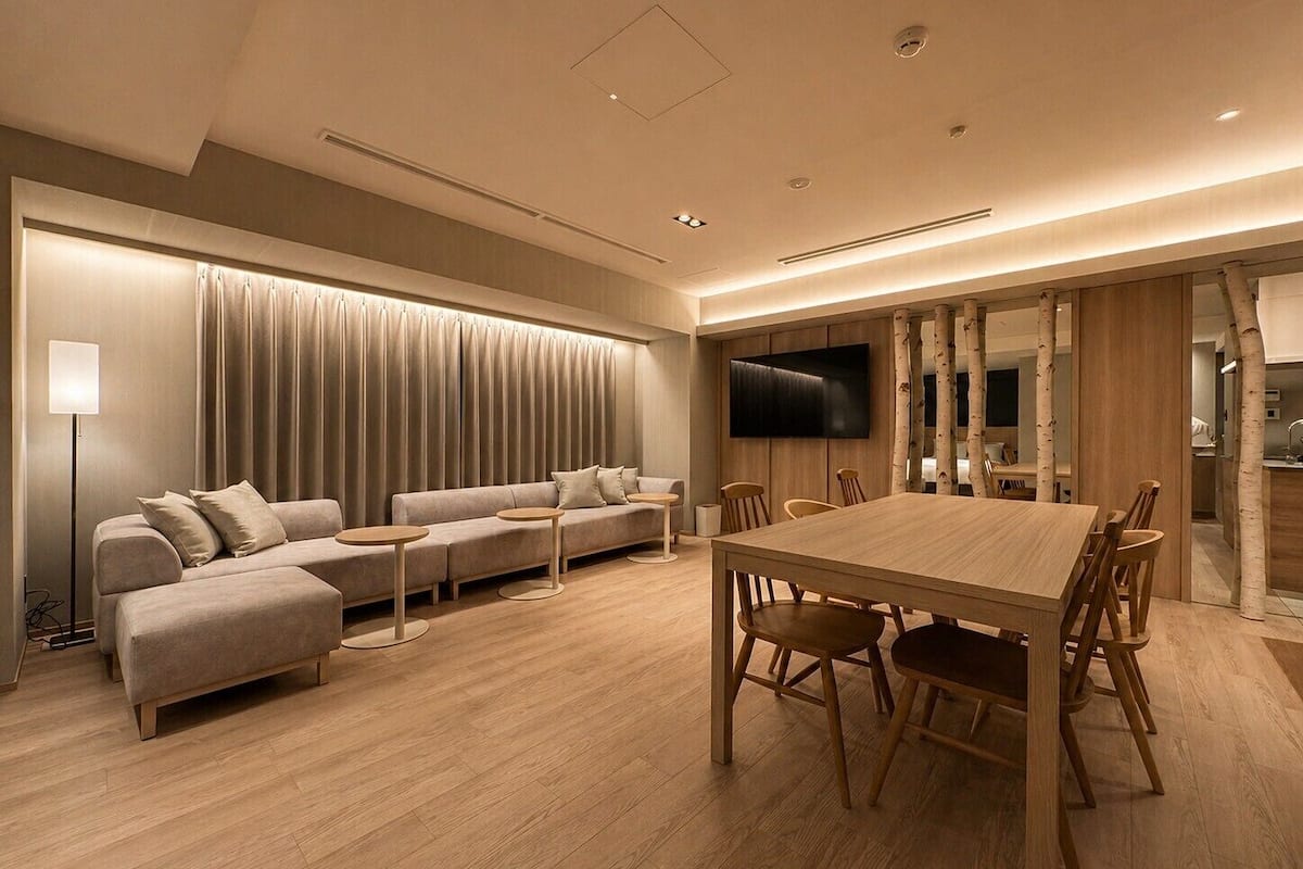 A modern living room with a sofa, a dining table, and chairs.