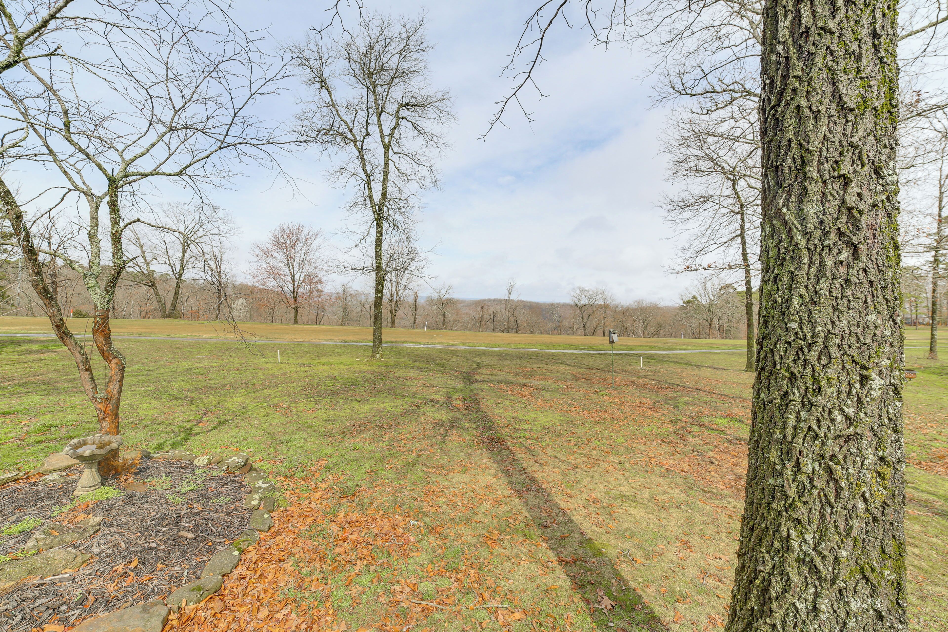 A park with trees, a stone birdbath, and a grassy area.