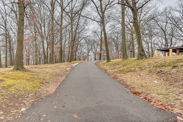 A paved pathway flanked by leaf-covered ground and leafless trees, leading to a structure with a roof.