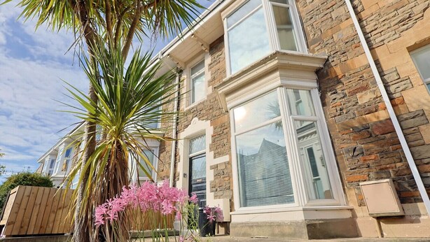 A stone house with a bay window, a palm tree, and pink flowers in the front yard.