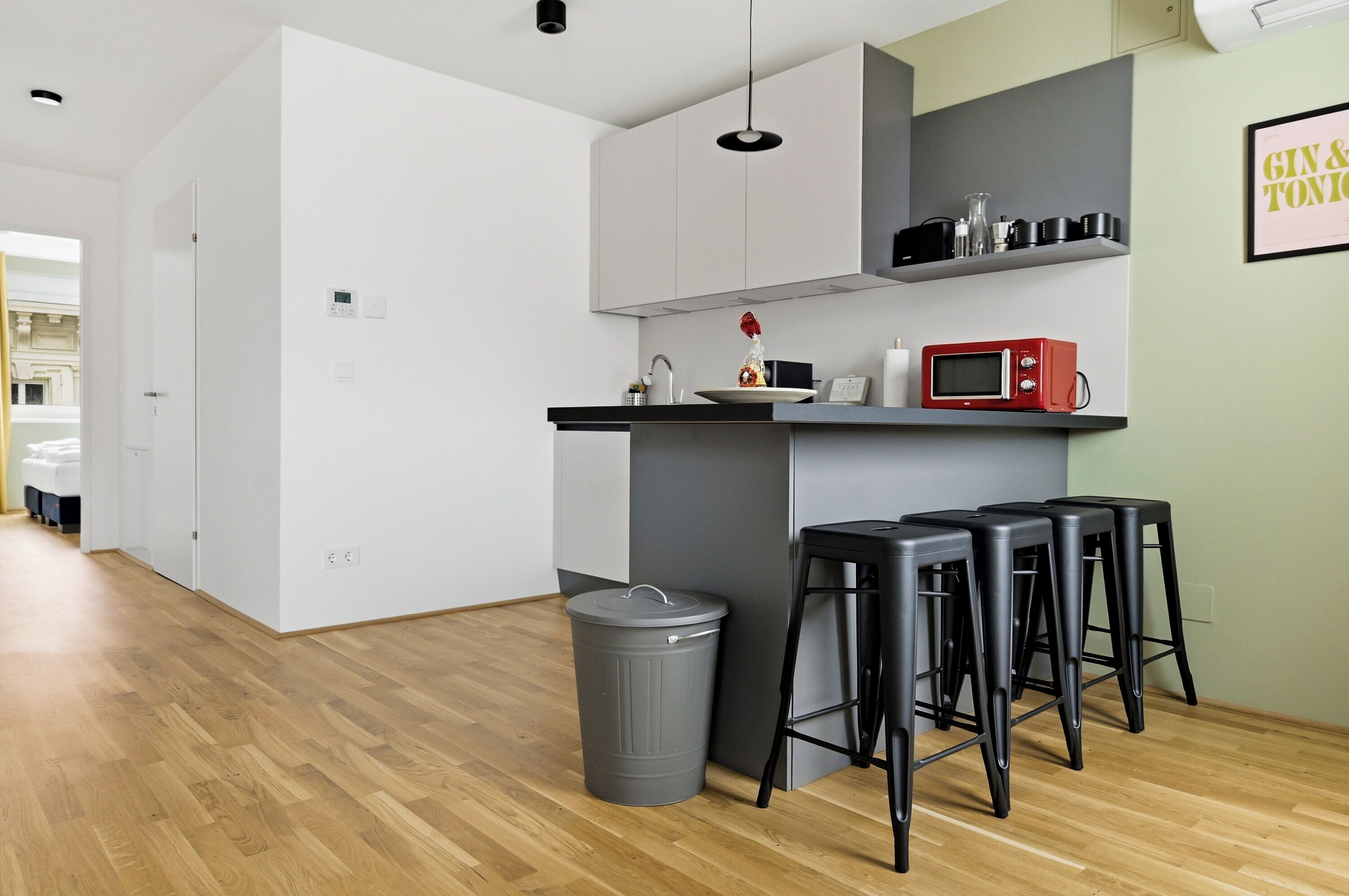 Full-size fridge, microwave, stovetop, dishwasher