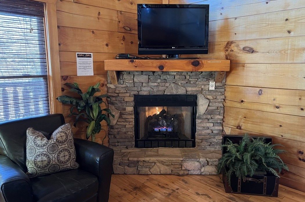 Una sala de estar acogedora con una chimenea de piedra, un televisor de pantalla plana montado encima, un sofá de cuero con cojines estampados y un helecho en maceta.