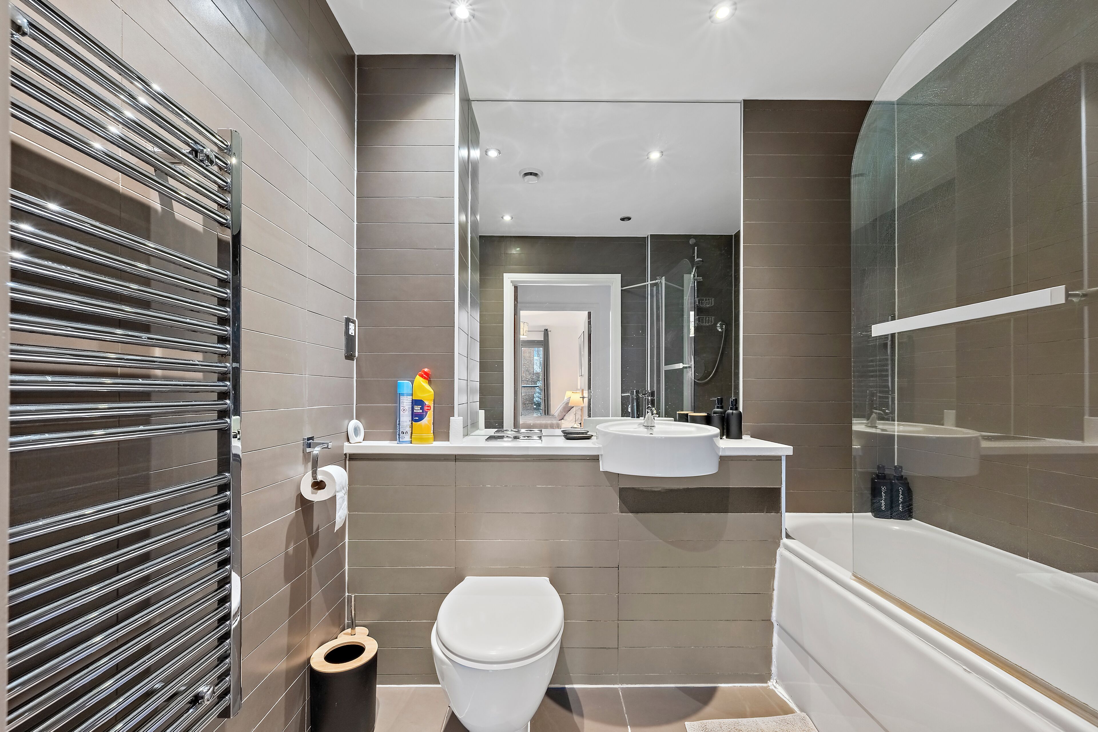 Hair dryer, towels, soap, toilet paper