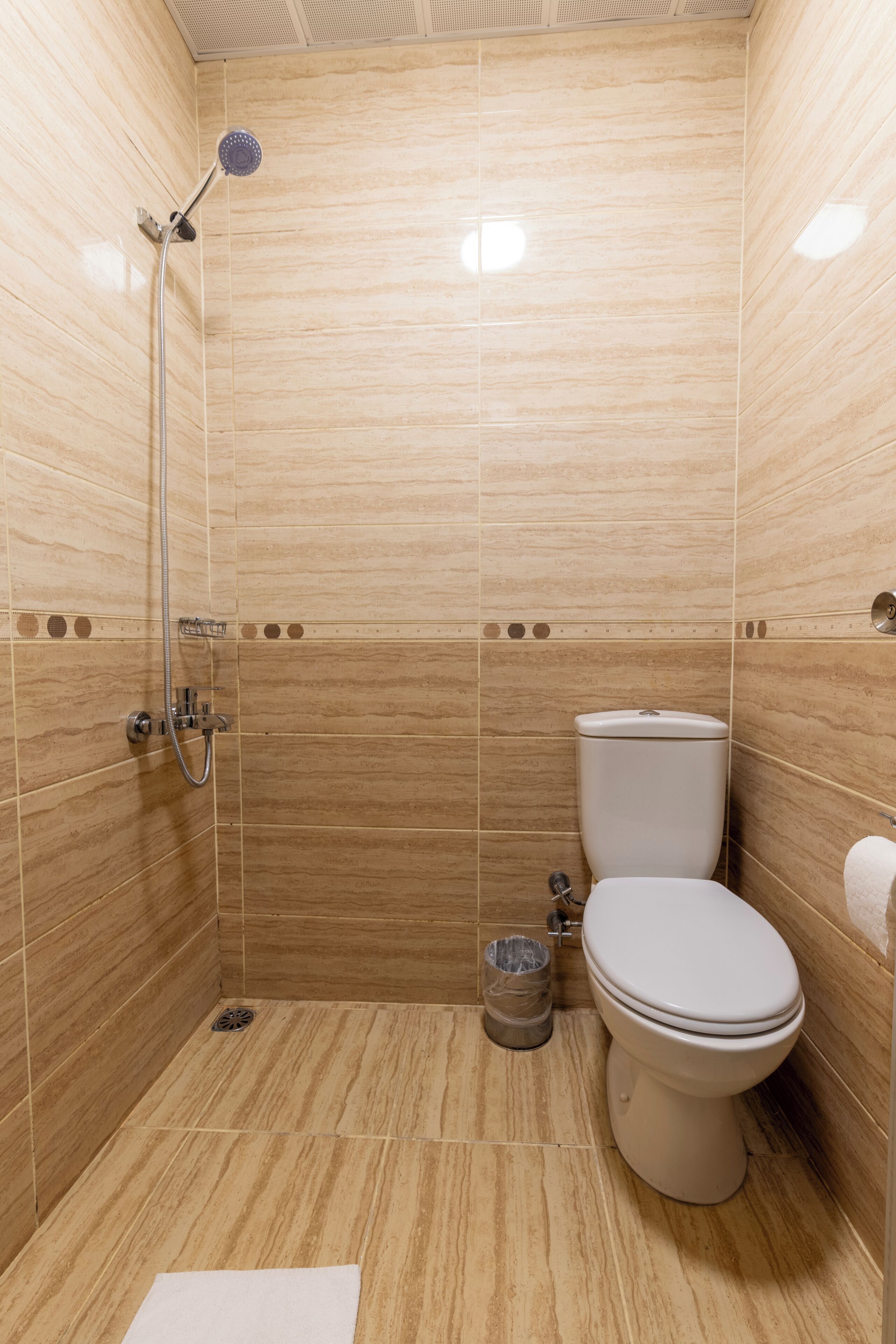 A bathroom with a shower, toilet, and a trash bin.