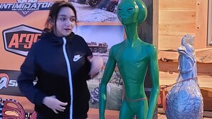 A person standing next to a green alien statue in front of a wooden structure with a sign. - Fantastic building with AC in lovely Ashland (Ashland)