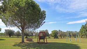 Un parque con un columpio y un árbol grande.