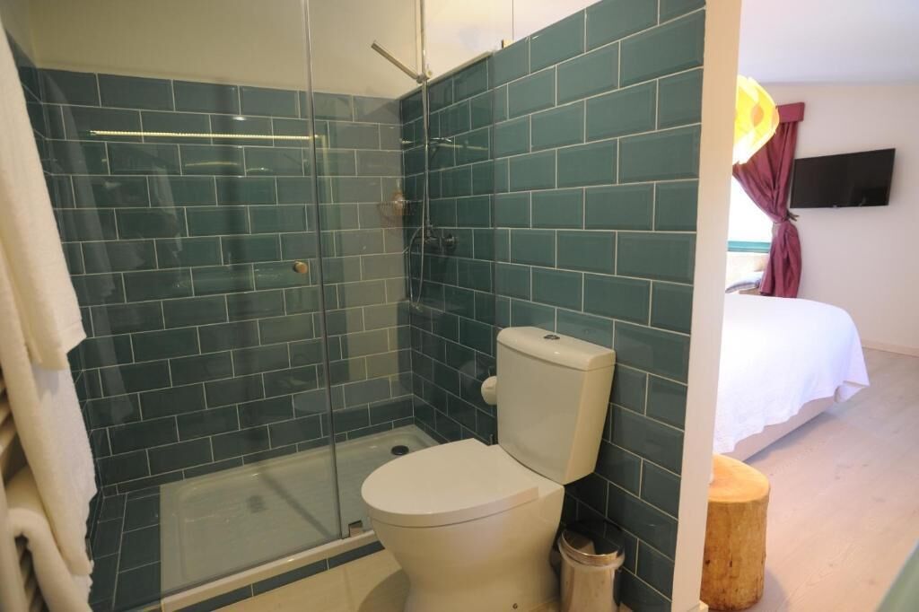 Un baño con ducha de vidrio y un inodoro, con una cama en la habitación contigua.