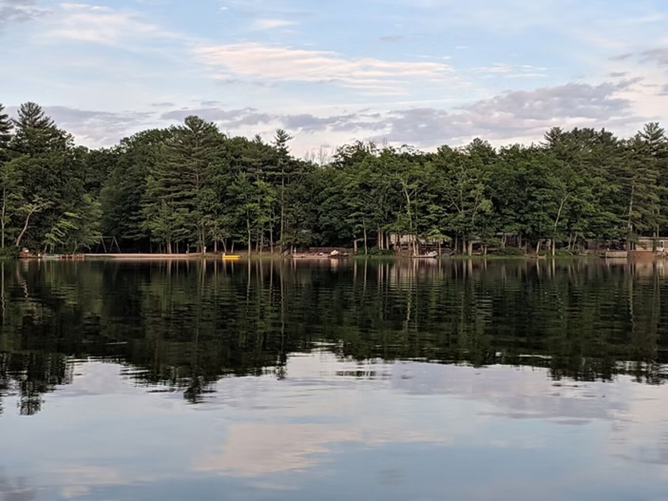 Un lac paisible, bordé d’une forêt et surplombé d’un ciel dégagé.